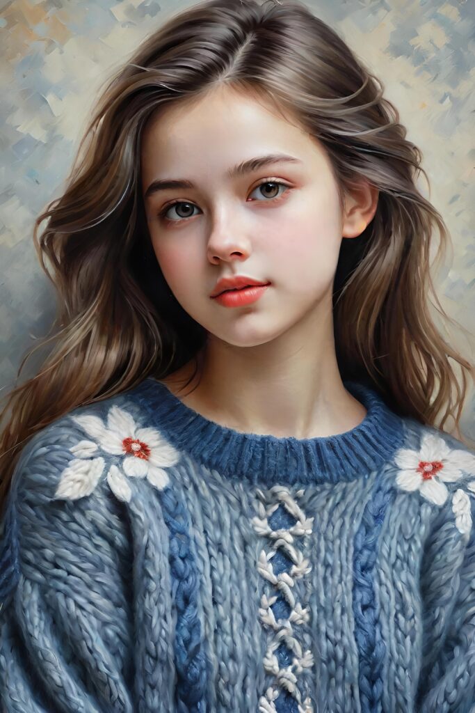 super realistic, detailed, ((gorgeous)) ((stunning)) cute young girl, full portrait, 18 years old, oil painting style, thin wool sweater