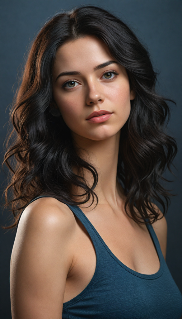 a (super realistic and highly detailed full-body photo), capturing a (beautiful and innocent Caucasian girl) with (very long, thick, wavy black hair), and (a short, cropped tank top), she stands in a (dark, gloomy setting) with (volumetric lighting) that brings out her (natural features) and (beautiful eyes), set against a (plain, dark backdrop) that focuses on her face, with (black hair) (perfect, accurate anatomy) and (high quality, high detail) that make her a (super-realistic, 3D character)