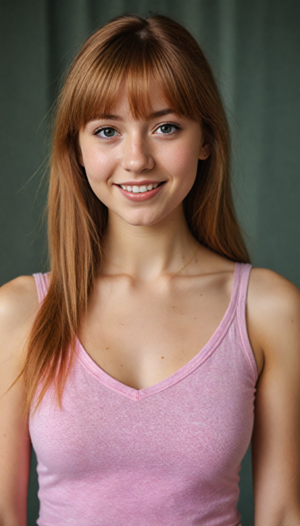 super realistic, 4k, detailed face, cute petite teen girl, long ligh red super soft straight hair, bangs cut, wear a (pink short tight cropped tank top with deep v-neck), looks at the camera, smile, portrait shot