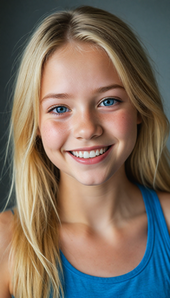 (realistic, detailed) (stunning) portrait, a young girl, perfect curved body, smile, straight gold hair, blue eyes, detailed face, wears a blue short tank top