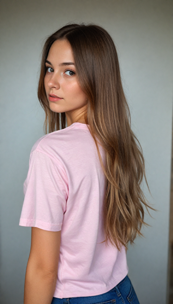 an attractive (teen girlie) dressed in a sleek, (short-cropped light pink t-shirt), with flowing, long tresses cascading down her back, captured in a (vividly realistic photo). Her features are softly highlighted by the dimly lit room