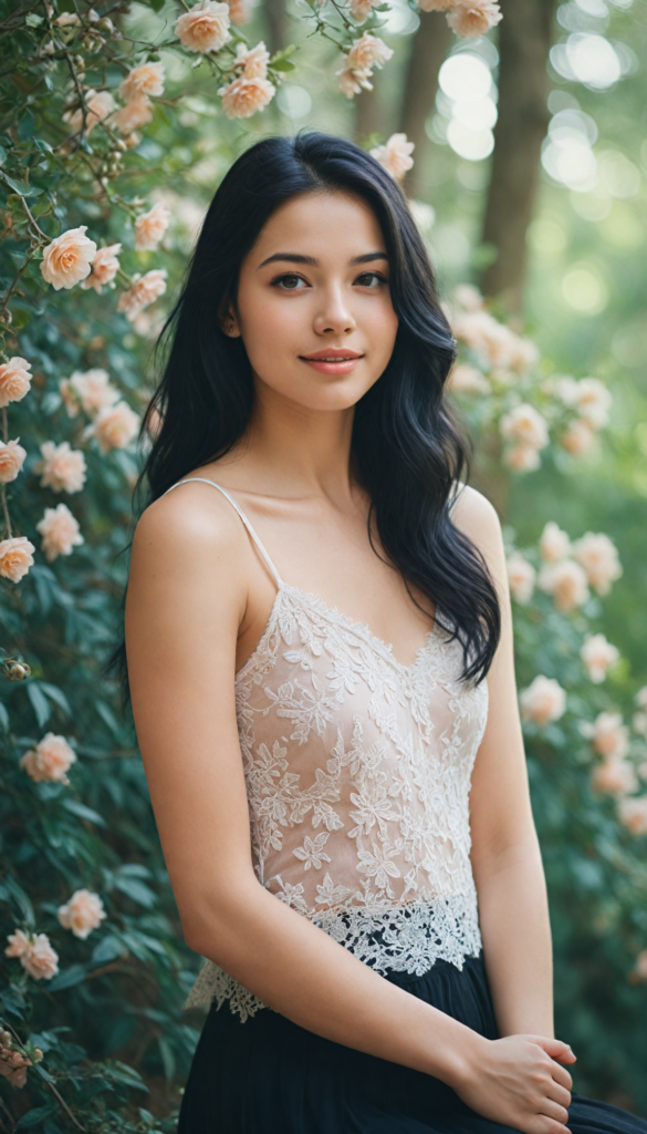 a young girl with an air of whimsy, sporting a playful cropped black tank top adorned with delicate lace edges, her silky, straight long black hair cascading like a waterfall, a round face radiating youthful charm, her full, kissable lips curved into a mischievous smile, sparkling round eyes that shimmer like stars, flawless skin glowing with a soft luminescence, surrounded by a dreamy, ethereal background of pastel colors and whimsical floral accents, reminiscent of a modern fairy tale illustration.