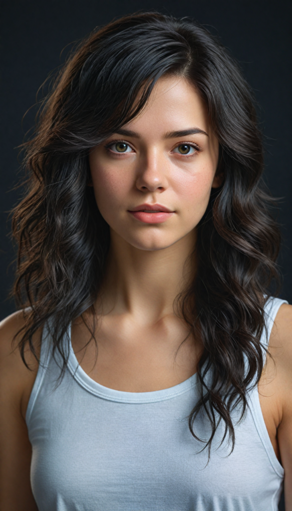 a (super realistic and highly detailed full-body photo), capturing a (beautiful and innocent Caucasian girl) with (very long, thick, wavy black hair), and (a short, cropped tank top), she stands in a (dark, gloomy setting) with (volumetric lighting) that brings out her (natural features) and (beautiful eyes), set against a (plain, dark backdrop) that focuses on her face, with (black hair) (perfect, accurate anatomy) and (high quality, high detail) that make her a (super-realistic, 3D character)