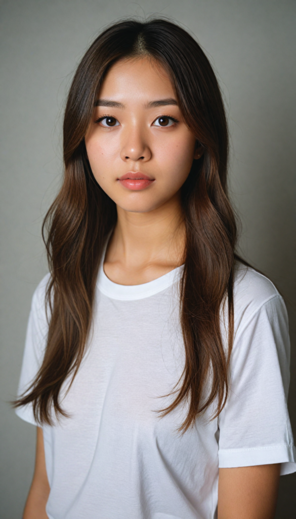 a (stunningly elegant and cute long, straight hazelnut hair) Japanese (teen girl) with a (realistically detailed angelic round face) and (realistically detailed hazelnut eyes) looking pensively at the camera in a (perfectly drawn portrait shot) against a (flawlessly detailed, realistic skin color) backdrop, wearing a (super short, tight white t-shirt made on thin silk), her flawless form elegantly framed by a side perspective, without any (background details)