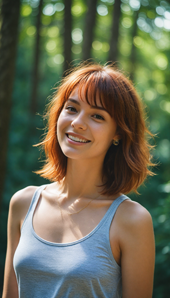 a stunning teenage girl with rich auburn hair cut into stylish bob bangs, wearing a chic, form-fitting tank top that contrasts beautifully with the soft, dappled light filtering through a lush, natural forest background; her radiant smile exudes pure joy and warmth, capturing the essence of a sunlit afternoon; details of delicate sunbeams dancing around her, giving a magical aura, evoking a blend of vibrant realism and whimsical charm reminiscent of a contemporary portrait painting.