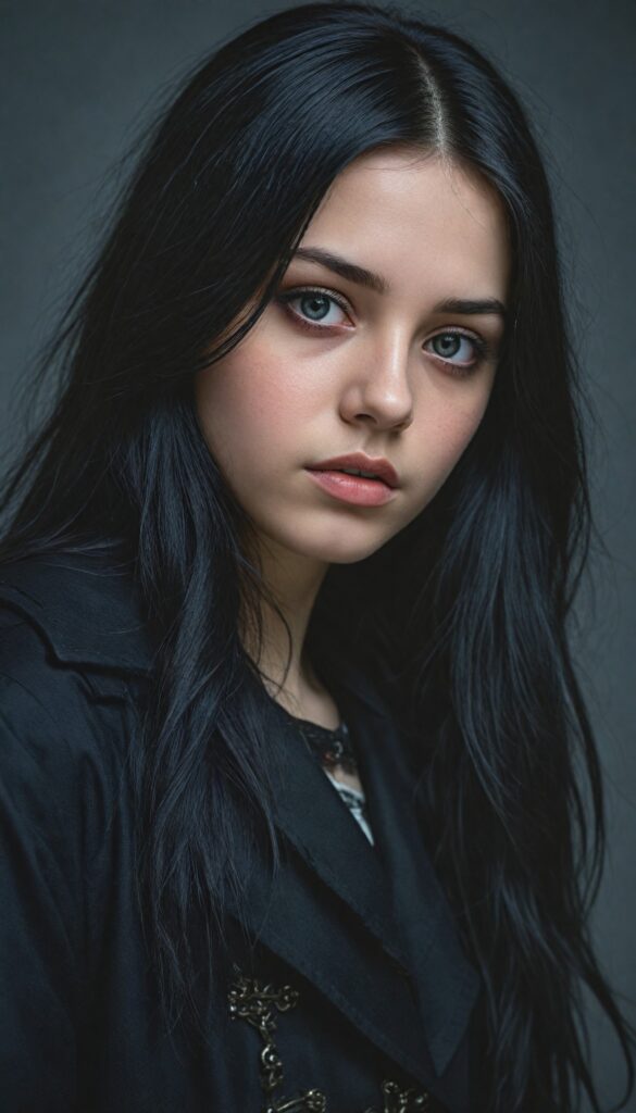 a (breathtakingly realistic full body portrait), (dark fantasy concept) featuring a beautifully drawn close-up of a young gothic teen girl with exquisite facial features and striking black eyes, long straight fine black hair, dressed in a (black coat), (grey background)