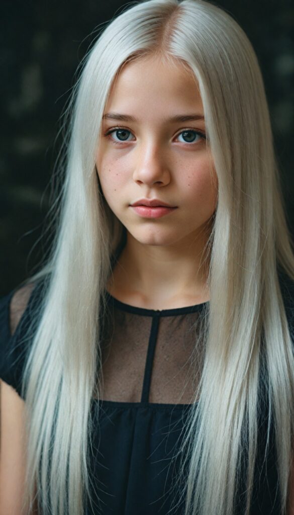 (portrait), detailed, silvery-skinned (young girl), long straight platinum hair, (black thin and short dress)