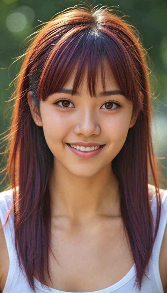 cute Filipino teen girl, detailed hair, Korea styled bangs, white short cropped tank top made of soft wool, perfect curved body, ultra realistic face, realistic amber eyes, detailed maroon straight hair, a stunning photo with beautiful saturation, ultra high resolution, deep shadow, (best quality, masterpiece), highly detailed, depth of field, film grain, looking at viewer, warm smile, (upper body), masterpiece, ultra realistic, extremely detailed CG unity 8k wallpaper, best quality, no necklace and chain