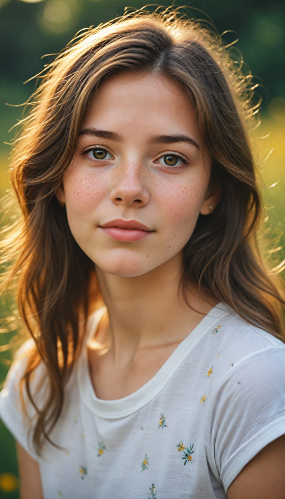 a captivating close-up portrait of a young teen girl with soft, flowing brown hair illuminated by golden sunlight, wearing a casual white t-shirt. Her expressive eyes reflect a world of dreams, adorned with delicate freckles across her cheeks, capturing an enchanting essence. The background is a blurred meadow filled with wildflowers, creating a serene atmosphere that highlights her beauty. The image exudes warmth and charm, evoking a sense of youthful wonder and joy.