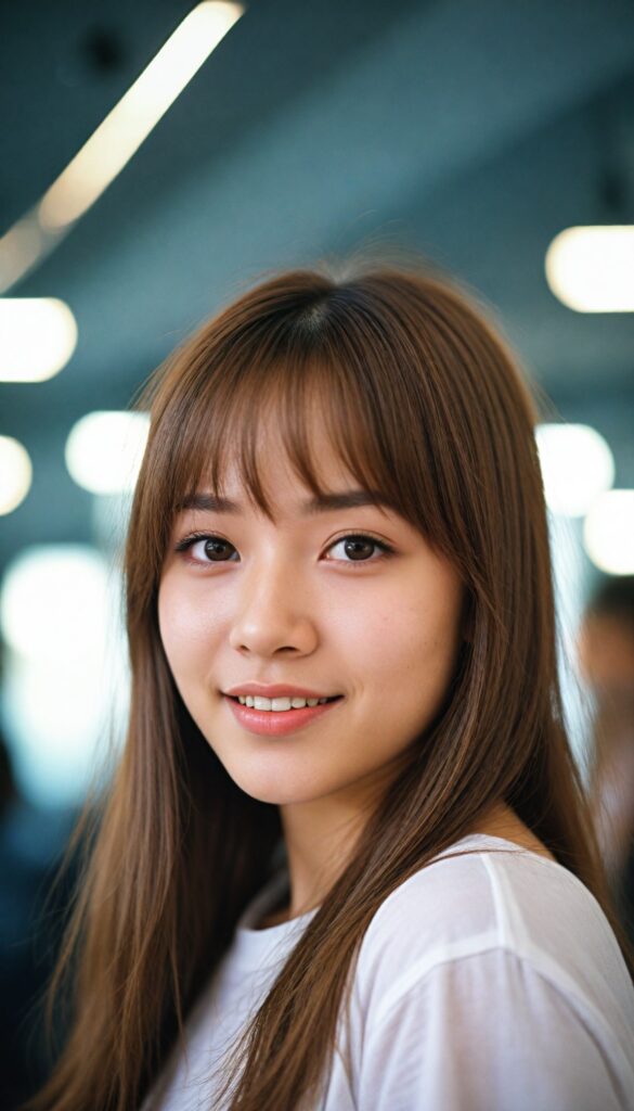 a portrait of (cute) Asia teen girl (long, straight light brown hair, bangs), (stunning), beautifully realistic, cinematic lights, realistic detailed angelic round face, (realistic detailed amber eye) looks happy at the camera, perfect curved body, (wears a super short tight (white t-shirt)), perfect anatomy, side perspective