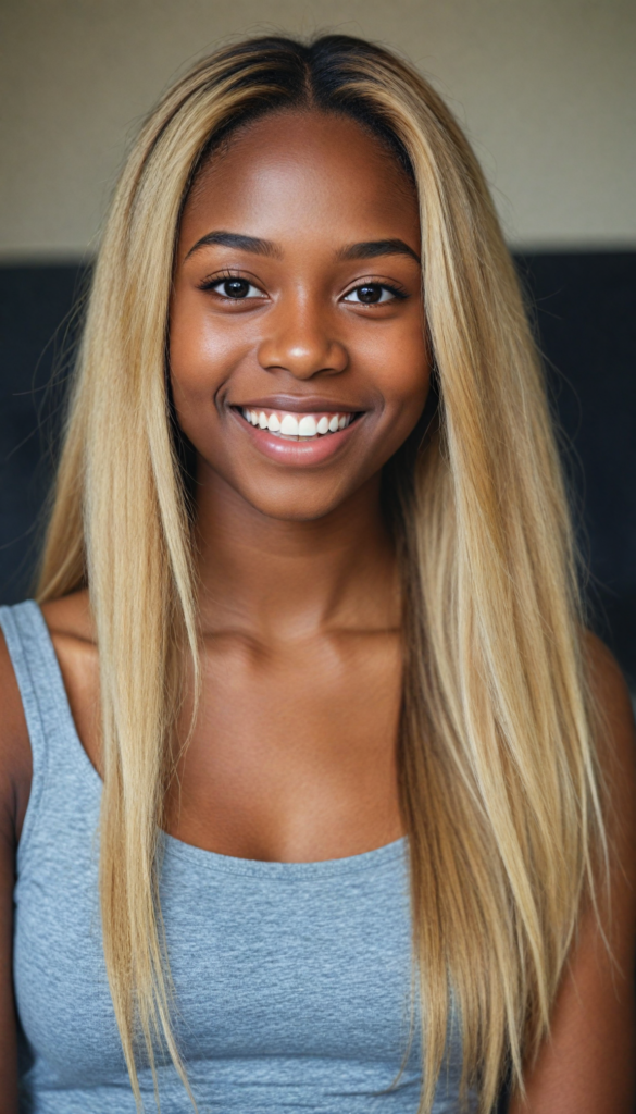 (portrait) (stunning) detailed, a beautiful young happy melanin girl, long straight soft blonde hair, (grey crop top)