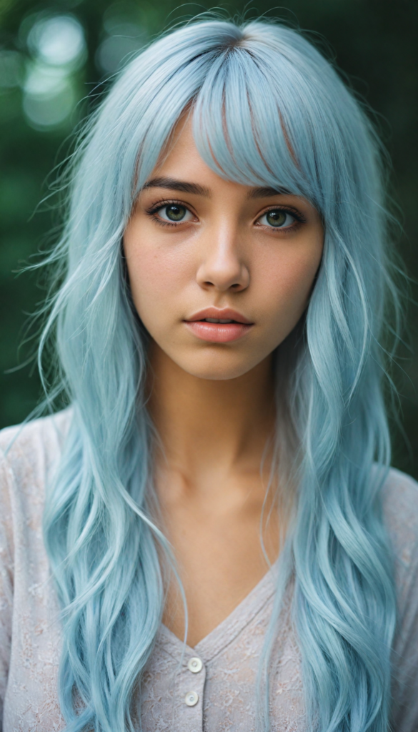 a whimsically illustrated brown-skinned teen emo girl, with cascading, gently undulating straight white hair framing her face, accentuated by a subtle cascade of side bangs. Her complexion glows with an ethereal light blue hue, embodying a haunting beauty that evokes a bittersweet sense of melancholy and introspection. Surrounding her is a dreamy, misty backdrop of soft grey, interspersed with delicate, ethereal swirls of muted pastel colors, creating a serene yet poignant atmosphere reminiscent of a twilight dreamscape. The scene captures the essence of emotional detachment, while inviting viewers to delve into the depths of her reflective demeanor, with intricate, whimsical details that evoke a sense of fragile beauty.