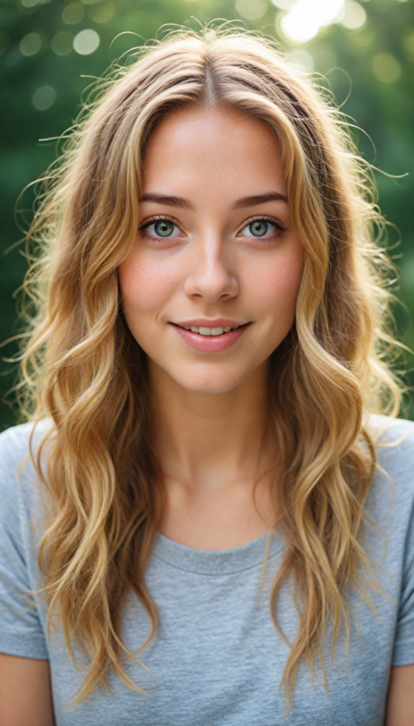 a charming and realistic portrait of a youthful girl with cascading, intricate golden hair that shimmers like sunlight, a warm and inviting smile that radiates joy, dressed in a soft, grey fine t-shirt that contrasts beautifully with her vibrant features. Her eyes sparkle with curiosity, framed by delicate eyelashes, embodying an aura of wonder and confidence. The background features a dreamlike, pastel-hued landscape accentuated by ethereal flowers, softly blending into a whimsical, ethereal atmosphere, reminiscent of a modern fairy tale—capturing the essence of beauty and vitality like a blend of photography and impressionist art.