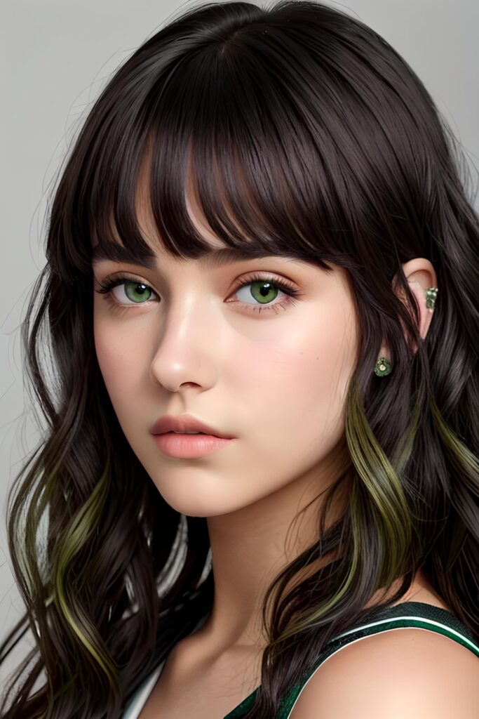 ((gorgeous)) ((stunning)) ((portrait)) masterpiece of teen girl detailed face with green eyes, black wavy hair, bangs cut