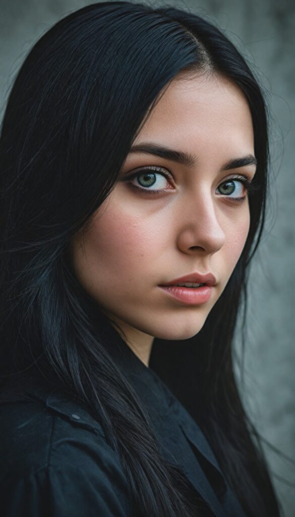 a (breathtakingly realistic portrait), (dark fantasy concept) featuring a beautifully drawn close-up of a young gothic teen girl with exquisite facial features and striking black eyes, long straight fine black hair, dressed in a (black coat), (grey background)