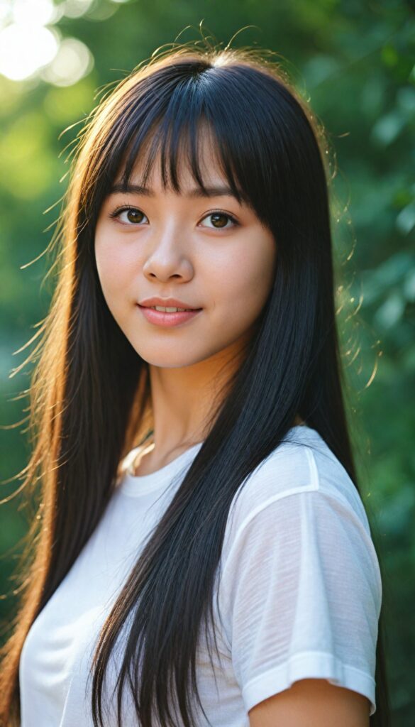 a detailed and realistic photo from a (cute) Oriental teen girl (long, straight jet hair, bangs), (stunning), (gorgeous), beautifully realistic, cinematic lights, realistic detailed angelic round face, (realistic detailed amber eye) looks happy at the camera, perfect curved body, (wears a super short tight (white t-shirt)), perfect anatomy, side perspective, against a sunny green backdrop