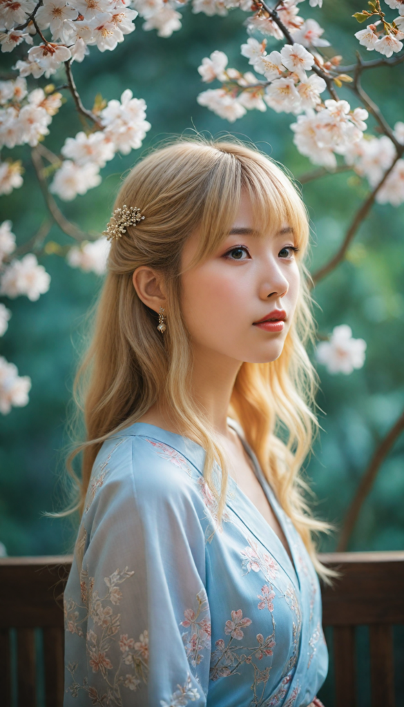 create a stunning and intricate side view portrait of a Japanese girl with flowing, silky blonde hair that cascades down her back. Her straight locks frame her round face, accented by delicate bangs. She gazes in astonishment, her light blue eyes wide and sparkling, with a hint of mischief, while her full red lips are slightly parted in surprise. Bathed in soft, ethereal light, the scene captures perfect shadows that play across her features, enhancing her natural beauty. She wears a black, softly draped t-shirt, adding a contemporary and elegant touch. In the background, a watercolor wash of pastel colors subtly blurs, echoing the serenity of a Japanese garden, with hints of cherry blossoms and vibrant greenery. The overall ambiance evokes a dreamy, whimsical atmosphere reminiscent of the works of Yoshitaka Amano, blended with the fluidity of Art Nouveau