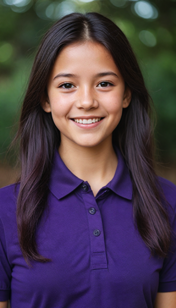 a smiling young girl in short-sleeved dark purple short polo shirt, her high collar is fully buttoned up and the collar is firm around her neck, wearing jeans, straight long jet hair dyed purple