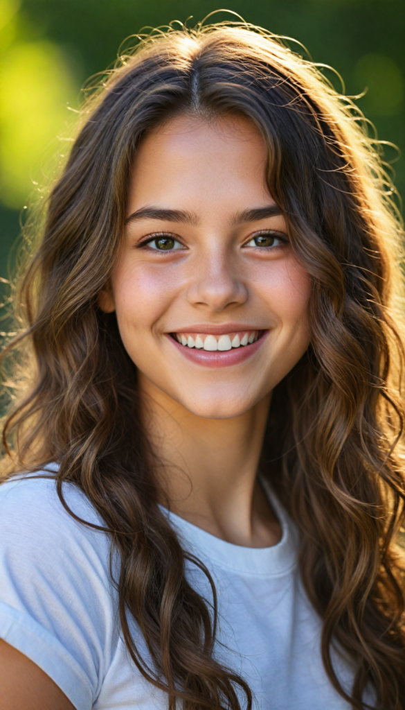 (portrait), detailed, (a young girl), long wavy soft detailed hair, realistic and detailed dark eyes, full lips, white t-shirt, smile, white teeth, against a sunny green backdrop