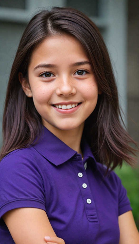 a smiling young girl in short-sleeved dark purple short polo shirt, her high collar is fully buttoned up and the collar is firm around her neck, wearing jeans, straight long jet hair dyed purple