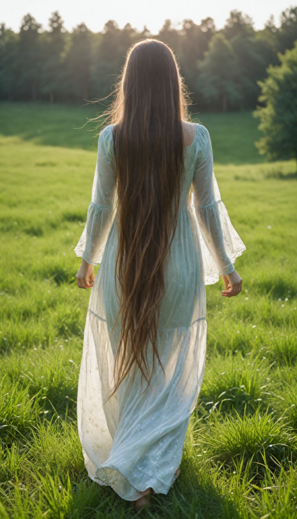 a young girl with soft long straight hair cascading down her back, stands in front of viewer in a green sunny meadow. The scene is infused with an ethereal glow, reminiscent of a dreamy impressionist painting. The girl wears a flowing white transparent dress, back view