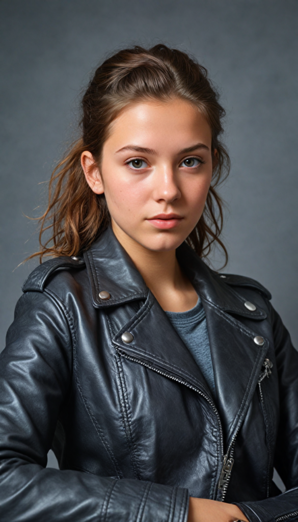 a teen girl, best quality, masterpiece, ultra high resolution, photo realistic, detailed skin, (black short aviator leather jacket), lounging, (grey background)