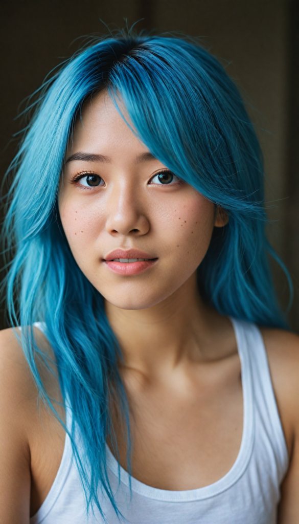 super realistic, detailed portrait, a beautiful young Asian girl with long blue soft detailed hair looks sweetly into the camera. She wears a white tank top