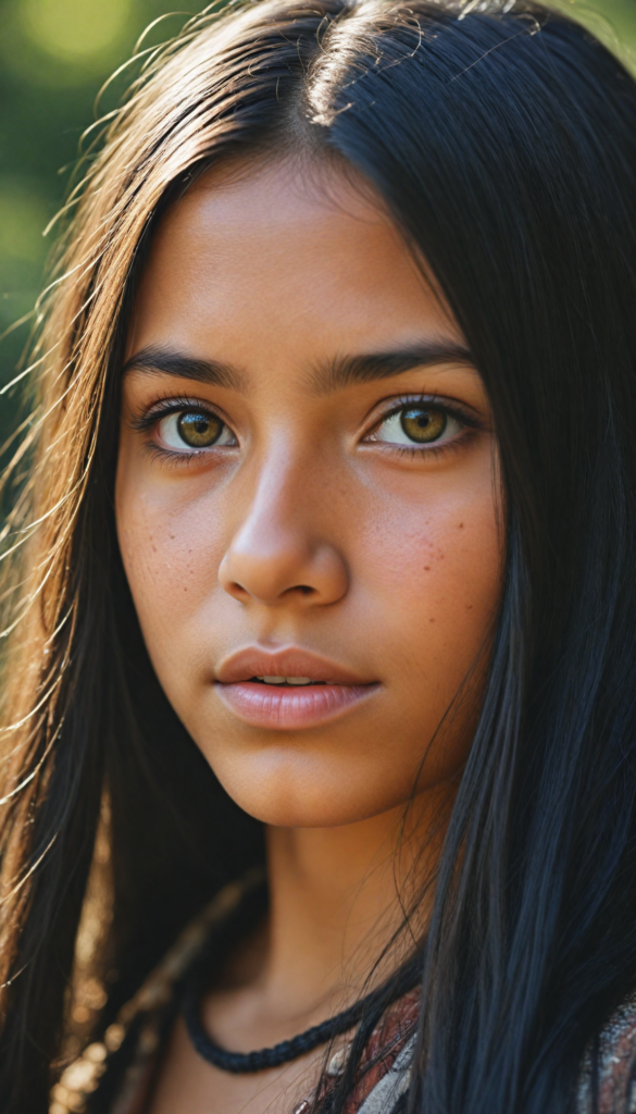 super realistic, 4k, detailed face, cute young Indigenous girl, long obsidian black straight soft hair, looks at the camera, portrait shot, super realistic amber eyes