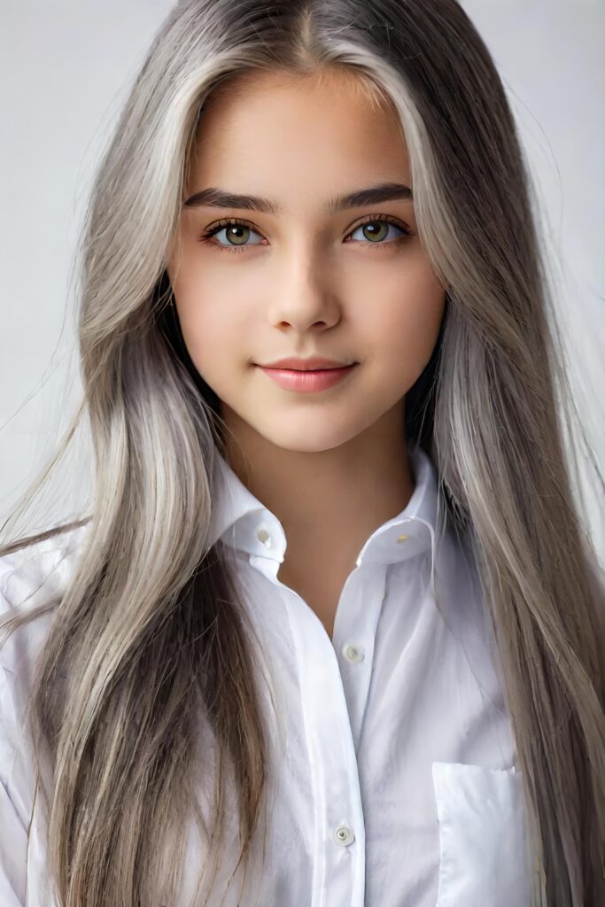 super realistic, detailed portrait, a beautiful young girl with long hair looks sweetly into the camera. She wears a white shirt.