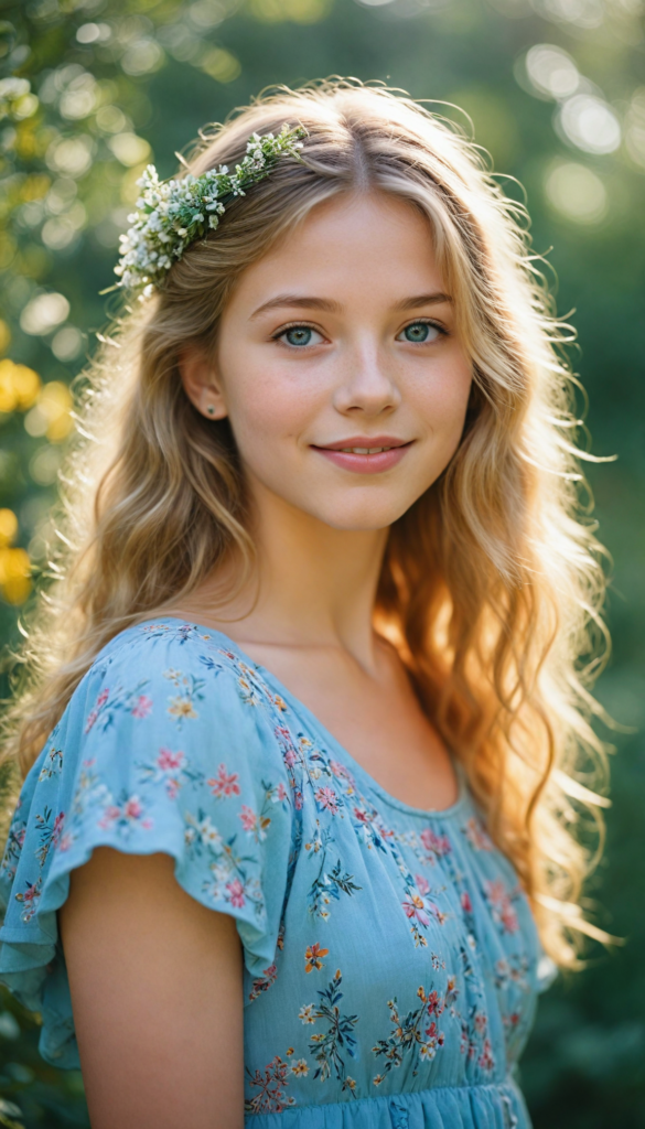 a whimsical portrait of a radiant young girl with cascading golden blonde hair adorned with delicate wildflowers, her sparkling blue eyes glimmering with joy as she gazes sweetly into the camera, surrounded by a dreamlike ethereal garden filled with vibrant colors and soft, glowing lights, reminiscent of a fairy tale illustration in the style of Mary Blair, evoking a sense of wonder and warmth