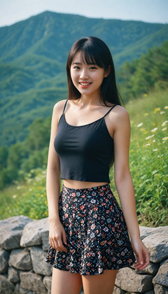 a (detailed and perfect portrait) of a (beautiful young cute Korean babe, warm smile, perfect body), round head and eyes, full red lips, with (very long, straight soft jet black hair), bangs cut, wearing a (deep neckline cropped spaghetti tank top in flower style and tattered short mini skirt) (top of the mountain) (beautiful landscape)