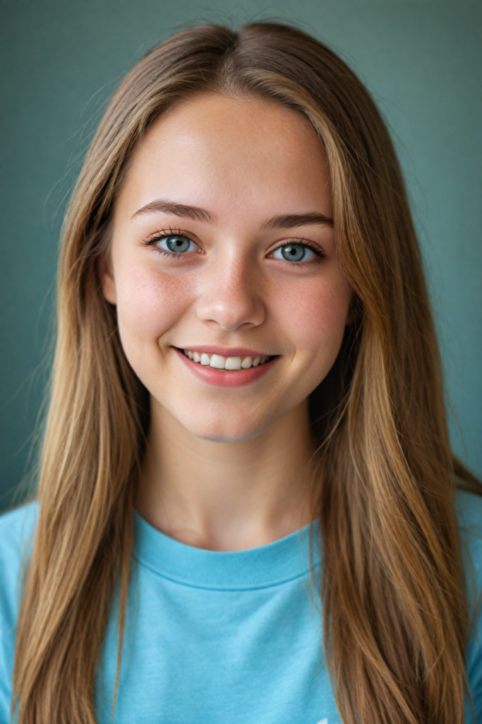 a very detailed and realistic portrait of a (cute teen girl), (long yet straight light brown hair), (realistic detailed brown eyes), (full kissable lips), (realistic detailed, light amber eyes), (face illuminated), perfect curved fit body, she wears a light blue t-shirt, smile