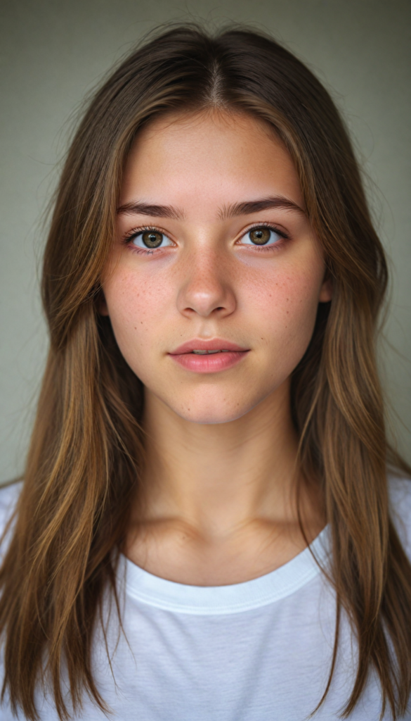 detailed and realistic photo from a young teen girl, soft brown hair, close up portrait, white t-shirt, (gorgeous) (stunning)