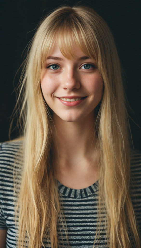 a beautiful stunning and gorgeous (teen girl) with blonde soft very long hair, bangs, amber eyes, smile, styled in a sleek, short-cropped top, (vividly realistic photo), set against a dimly lit environment that softly highlights her features