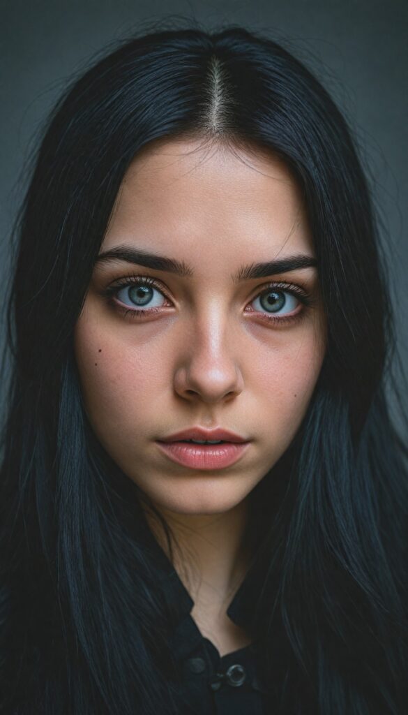 a (breathtakingly realistic portrait), (dark fantasy concept) featuring a beautifully drawn close-up of a young gothic teen girl with exquisite facial features and striking black eyes, long straight fine black hair, dressed in a (black coat), (grey background)