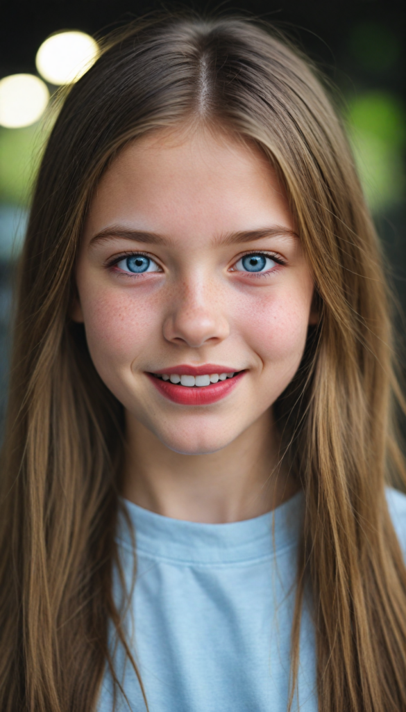 a (detailed portrait) from a silvery-skinned (young innocent girl), long soft straight light brown hair, white t-shirt, light blue eyes, (full red lips), mouth slightly open, white teeth