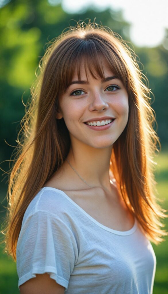 a detailed and realistic photo from a (cute) young girl (long, messy straight auburn hair, bangs), (stunning), (gorgeous), beautifully realistic, cinematic lights, realistic detailed angelic round face, (realistic detailed amber eye) looks happy at the camera, perfect curved body, (wears a super short tight (white t-shirt)), perfect anatomy, side perspective, against a sunny green backdrop