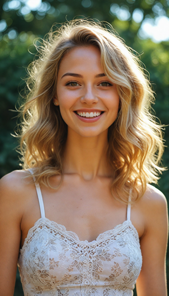 a vividly intricate portrait featuring the upper body of a radiant young girl with an enchanting, flawless figure, adorned in a stylish, low-cut crop top that flutters in a gentle breeze. Her beaming smile reveals pearly white teeth, framed by a detailed, round face that glows with youthful exuberance. Cascading down her shoulders, her long, straight summer blonde hair is kissed by golden sunlight, creating a halo effect. The background bursts with vibrant floral patterns, reminiscent of Van Gogh's brush strokes, infusing the scene with a dreamy, whimsical atmosphere. Soft pastel colors blend harmoniously, enhancing the overall radiant and cheerful essence of the portrait.