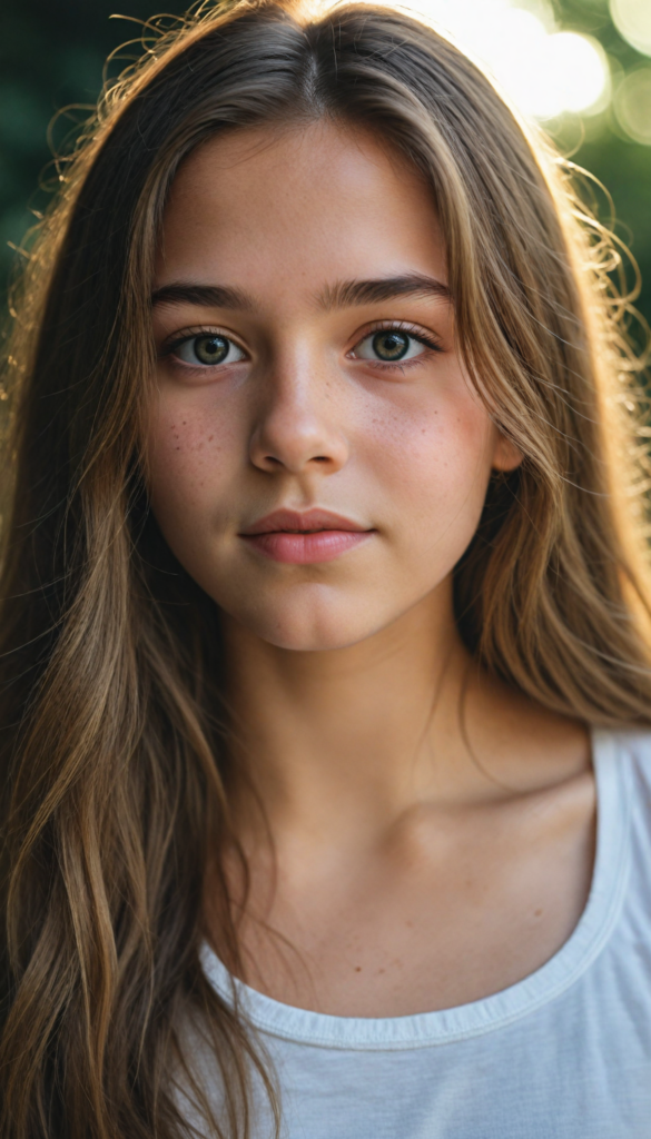 super realistic, detailed portrait, a beautiful young girl with long soft hair, looks sweetly into the camera. She wears a white crop top