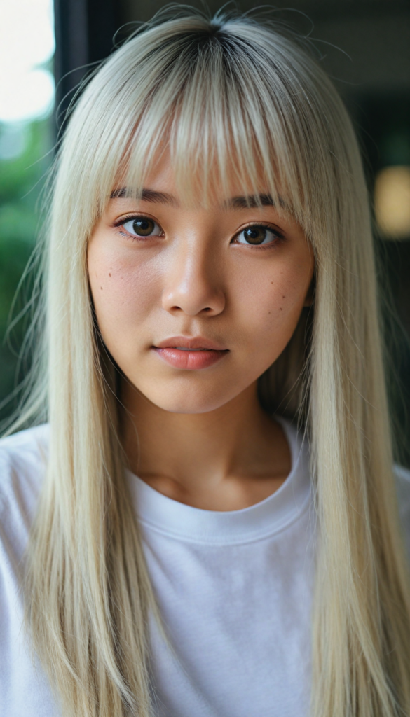 (portrait), detailed, (Asian young cute girl), long straight platinum hair, bangs cut, white t-shirt