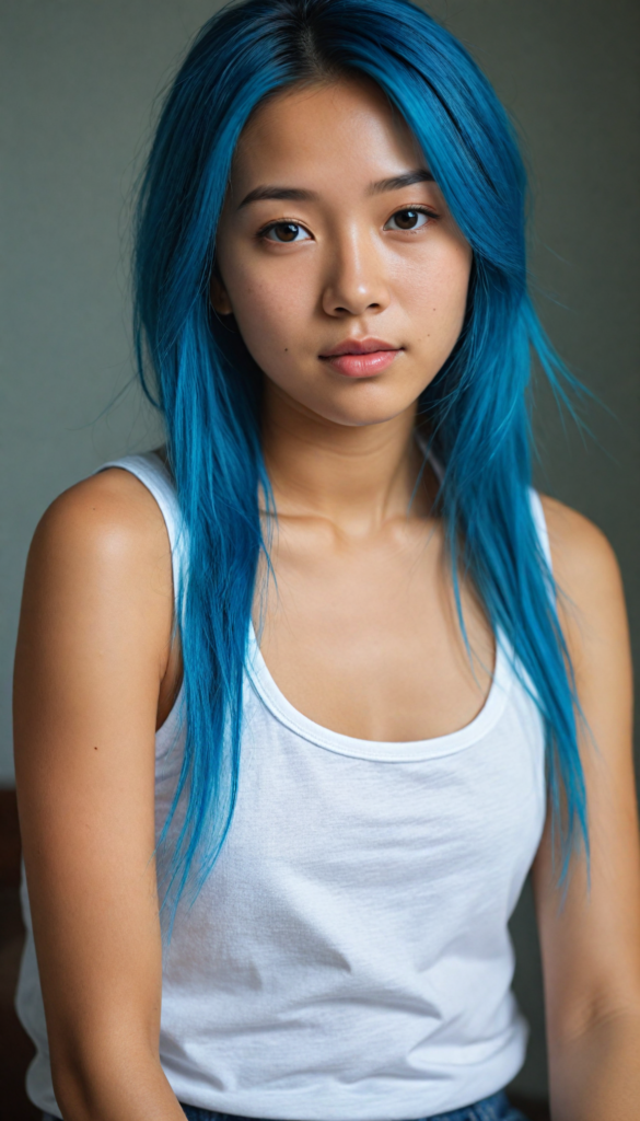 super realistic, detailed portrait, a beautiful young Asian girl with long blue soft detailed hair looks sweetly into the camera. She wears a white tank top