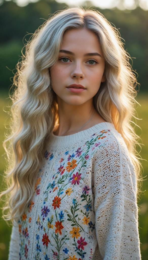 a whimsical young teen girl with long, flowing white hair, adorned in a luxurious, intricately knitted super fine wool sweater featuring vibrant patterns inspired by nature, standing in a sun-drenched meadow filled with colorful wildflowers, the sunlight casting a golden hue on her delicate features, hyper-realistic style reminiscent of a detailed portrait painting, capturing both the softness of the fabric and the shimmering quality of her hair.