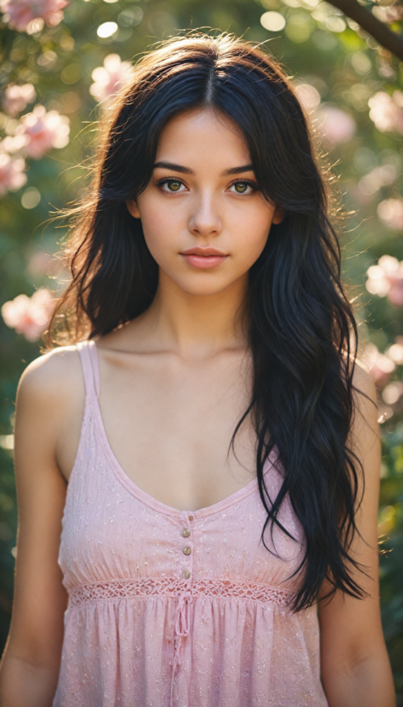 a hyper-realistic and intricately detailed portrait of a whimsical teen emo girl with flowing, soft black hair cascading in gentle waves, framing her face beautifully. Her striking amber eyes radiate warmth and depth, complemented by full, expressive lips. She wears a chic, no-pattern, form-fitting pink tank top that contrasts with the vibrant background, adorned with a dreamy blend of swirling pastel colors reminiscent of a sunset. Sunlight filters through an ethereal garden full of blooming flowers and soft bokeh effects, casting a warm glow that highlights the girl's delicate features and adds a magical quality to the scene.