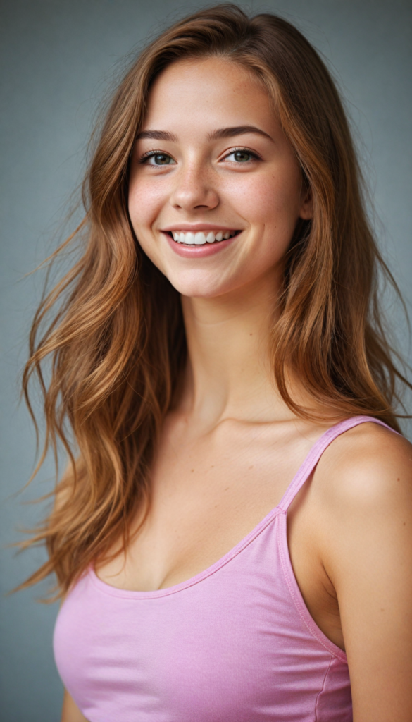 a upper body portrait from a (teen girl) with a joyful and sunny smile, wearing a sleek and fitted short crop pink tank top that showcases her perfect, curves, captured in a (flawless portrait), with long, flowing, straight hazelnut hair cascading down