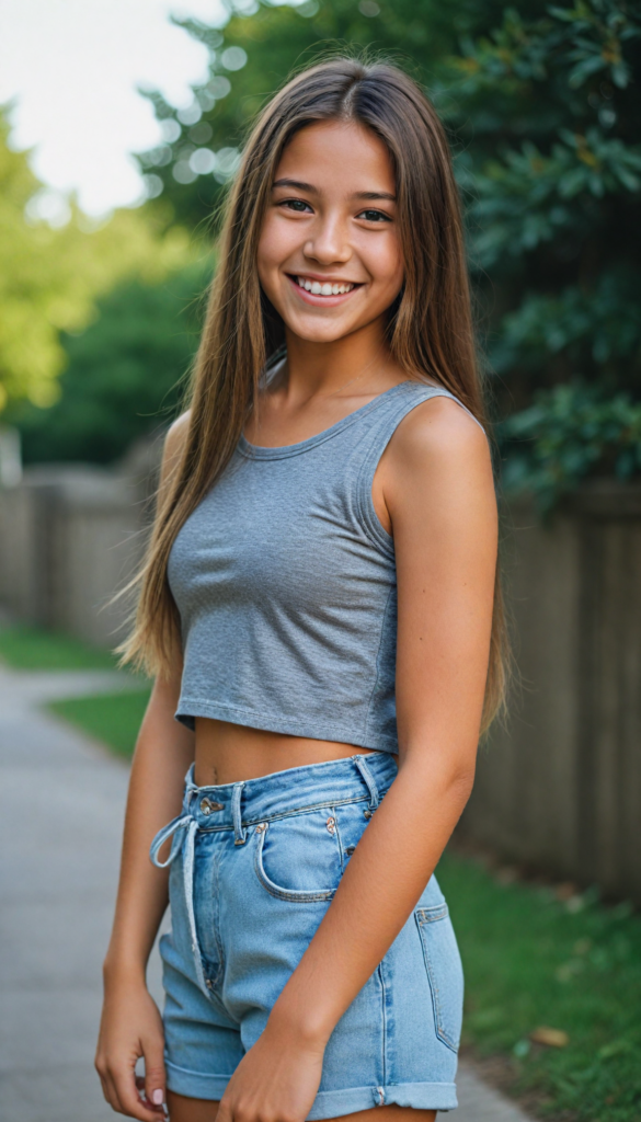 portrait of a cute young girl, wears a grey crop top, smile, long straight hair, perfect curved body, grey short shorts, side view