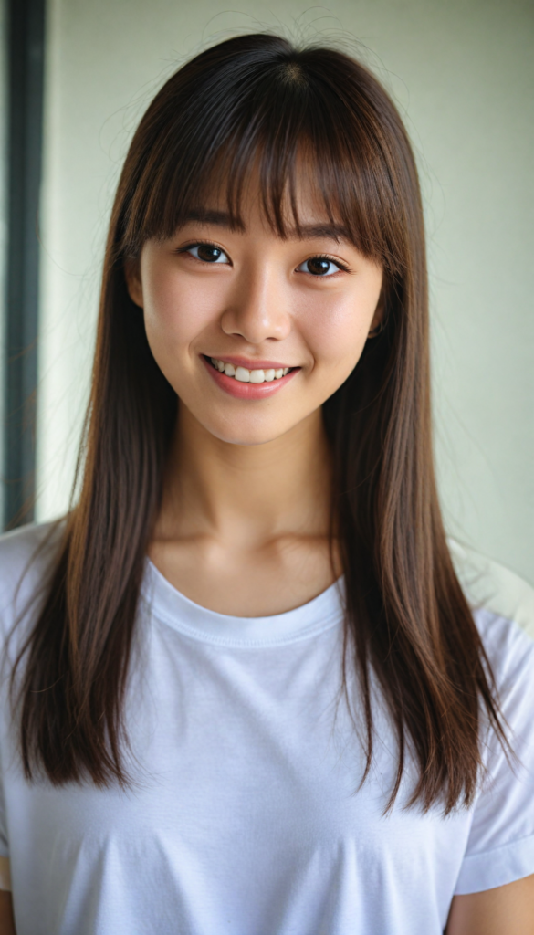 (portrait), detailed, (a young Korea girl), long straight soft detailed hair, Korean Style Bangs, realistic and detailed dark eyes, full lips, white t-shirt, smile, white teeth