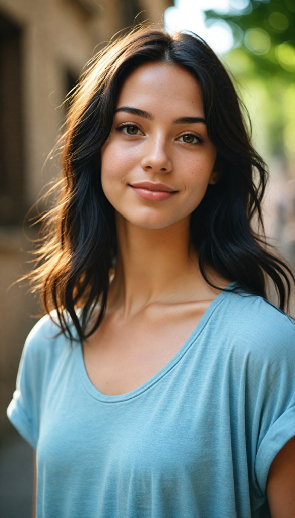 a stunningly detailed and lifelike portrait of a whimsical teen girl with flowing, straight obsidian black hair cascading over her shoulders, expressive brown eyes that sparkle with curiosity, and soft, full lips that seem to hold a playful secret. Her face is illuminated by soft, golden sunlight, highlighting the delicate freckles dancing across her cheeks. She has an enchanting aura, radiating warmth and positivity, dressed in a cozy, oversized light blue t-shirt that drapes effortlessly over her perfect, graceful figure. A subtle smile graces her lips, inviting a sense of joy and wonder as she stands against a dreamy, softly blurred pastel background, reminiscent of an impressionist painting.