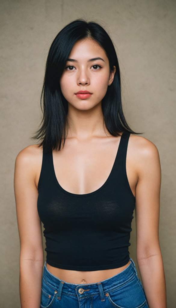 a (young girlie), wears a short cropped black tank top, straight soft long black hair, (round face), full kissable lips, round eyes, perfect skin