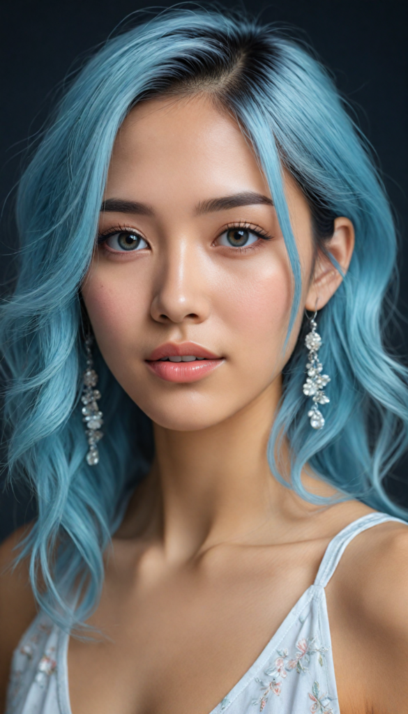 hyper-realistic, intricately detailed portrait of a stunning young Asian woman with flowing, soft blue hair cascading down her shoulders, caught in an ethereal glow. Her enchanting round eyes sparkle with depth and emotion, inviting the viewer into her world. She wears a delicate, flowing white tank top that hints at elegance, accessorized with shimmering silver earrings. The background features a dreamlike bokeh of soft pastel colors, blending seamlessly to enhance her beauty, with hints of floral motifs echoing a whimsical fairytale vibe. The lighting is warm and inviting, casting gentle shadows that accentuate her features, creating a sense of serenity and charm.