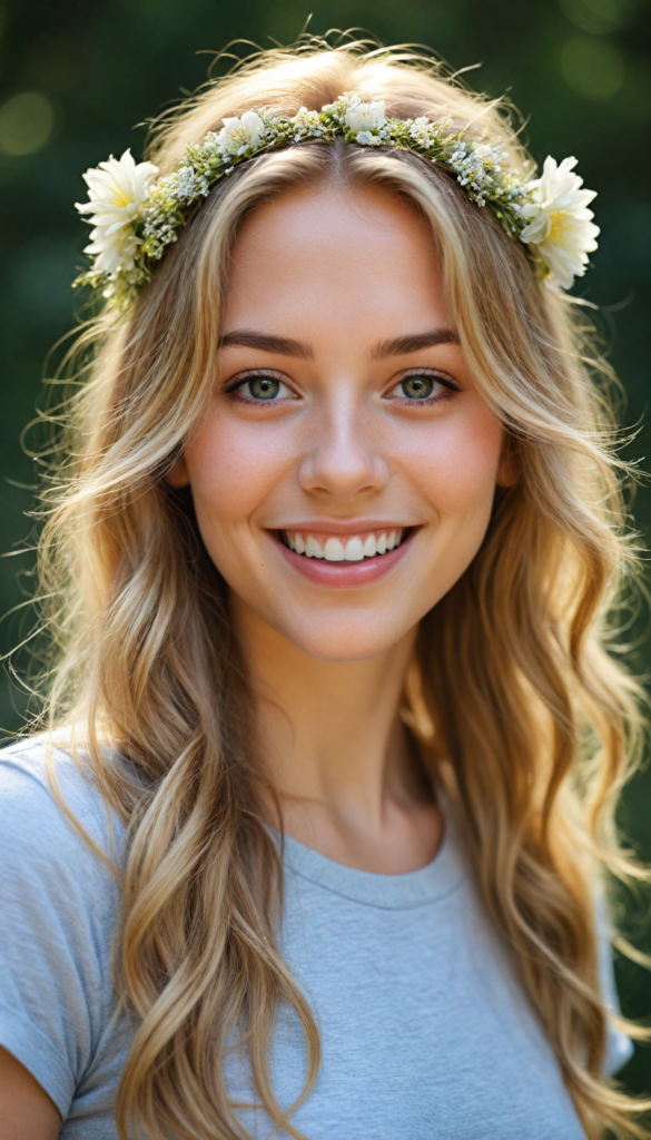 a charming and realistic portrait of a youthful girl with cascading, intricate golden hair that shimmers like sunlight, a warm and inviting smile that radiates joy, dressed in a soft, grey fine t-shirt that contrasts beautifully with her vibrant features. Her eyes sparkle with curiosity, framed by delicate eyelashes, embodying an aura of wonder and confidence. The background features a dreamlike, pastel-hued landscape accentuated by ethereal flowers, softly blending into a whimsical, ethereal atmosphere, reminiscent of a modern fairy tale—capturing the essence of beauty and vitality like a blend of photography and impressionist art.